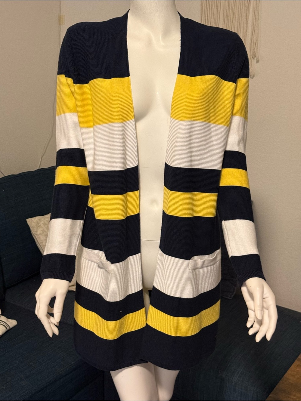 OLSEN Striped Open-Front Women's Cardigan Sweater in Navy, Yellow & White